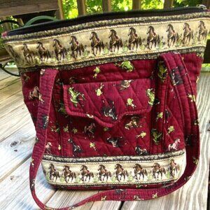 Quilted Horse Fabric Purse Equestrian Shoulder Bag 21"x 12"w/Front Pockets Strap